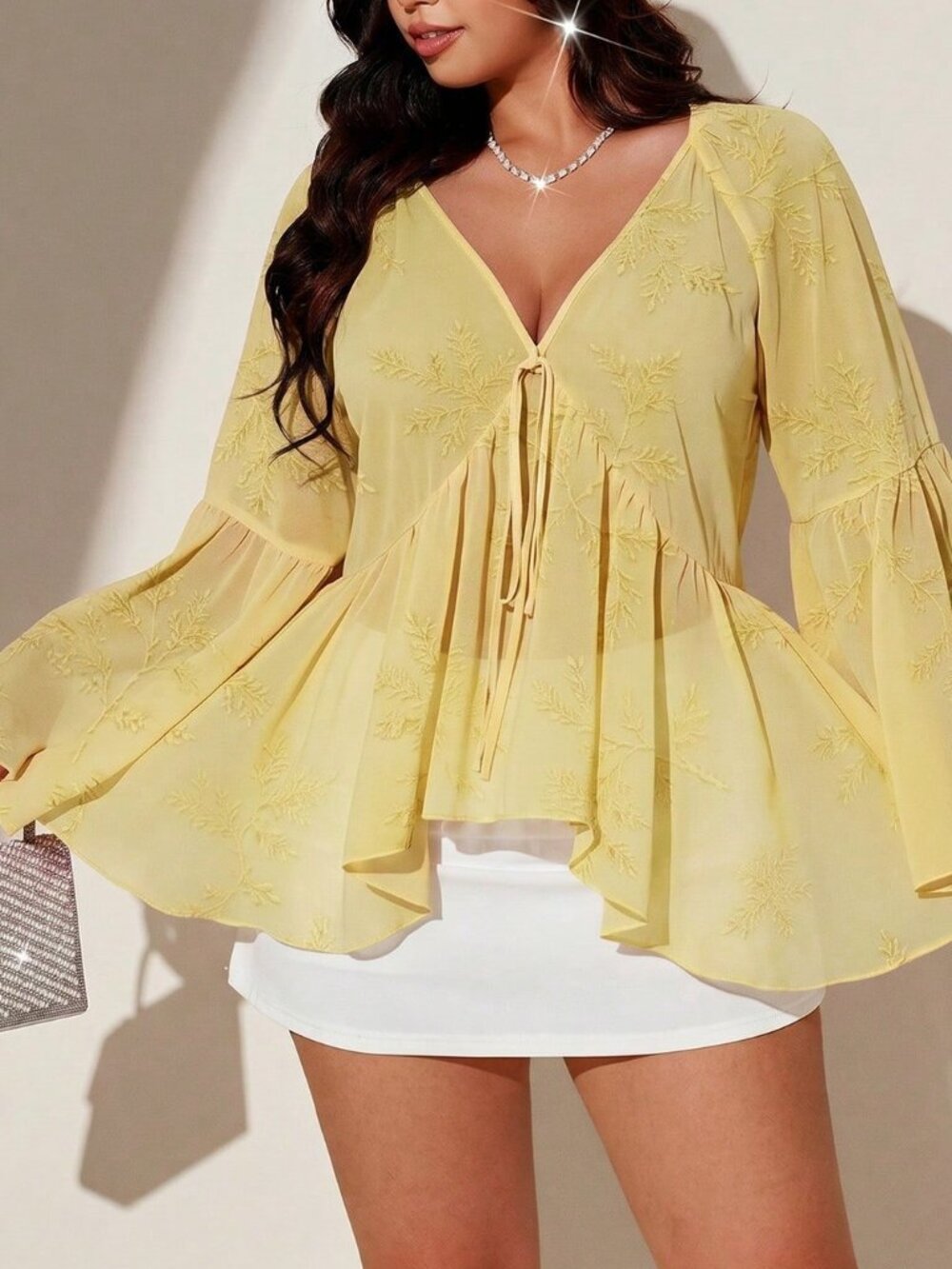 Light Yellow Casual Women's Plus Size Tie-Dye Print Chiffon Blouse